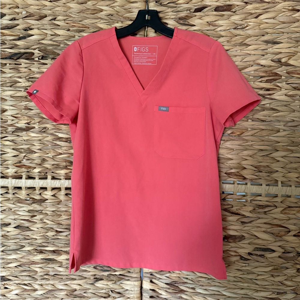 Figs Hot Coral V-Neck Scrub Top